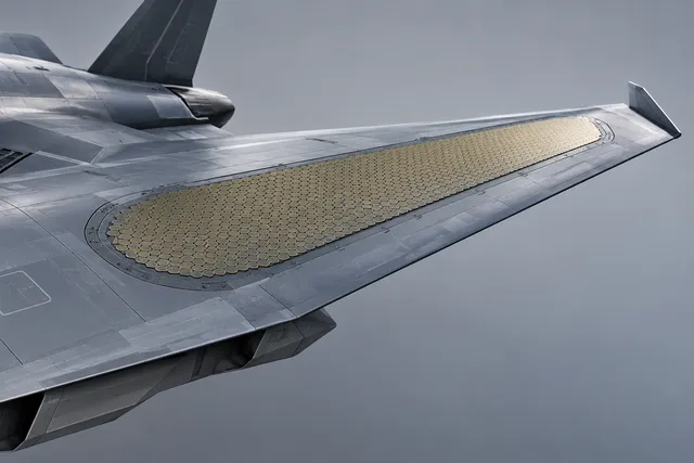 AI illustration based on reference photographs; not an event photograph. Conceptual illustration of a military aircraft wing with an integrated, wing-mounted early-warning radar system.