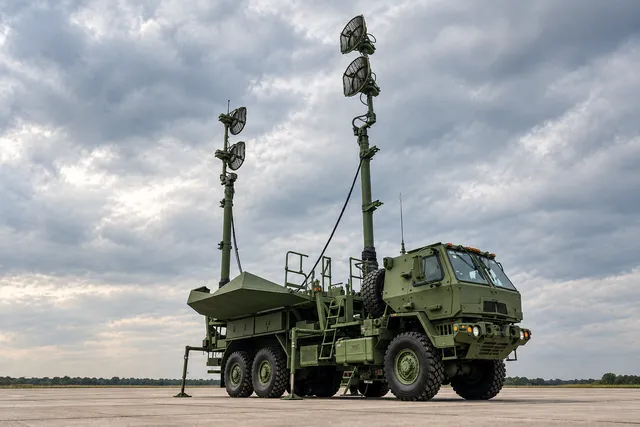 AI illustration based on reference photographs; not an event photograph. A large, green, multi-wheeled military vehicle with multiple satellite dishes mounted on top, set in an open, neutral area under a cloudy sky.