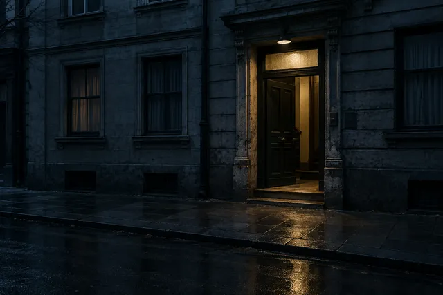 A dimly lit residential doorway on an urban street, conveying a sense of mystery.