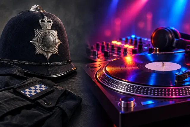 AI illustration based on reference photographs; not an event photograph. Editorial illustration contrasting elements of police authority and DJ equipment.