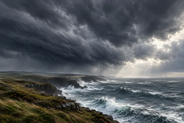 AI illustration based on reference photographs; not an event photograph. A dramatic, wide-angle editorial illustration of a severe storm with turbulent grey clouds over a rugged coastline.