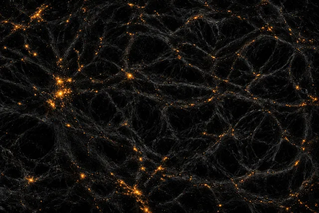 AI illustration based on reference photographs; not an event photograph. A dark, web-like cosmic structure composed of fine black filaments with scattered bright orange clumps representing baryonic matter.