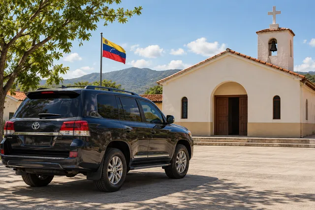 AI illustration based on reference photographs; not an event photograph. A dark SUV parked near a modest church structure in a sunlit, open area, suggesting a public arrival.