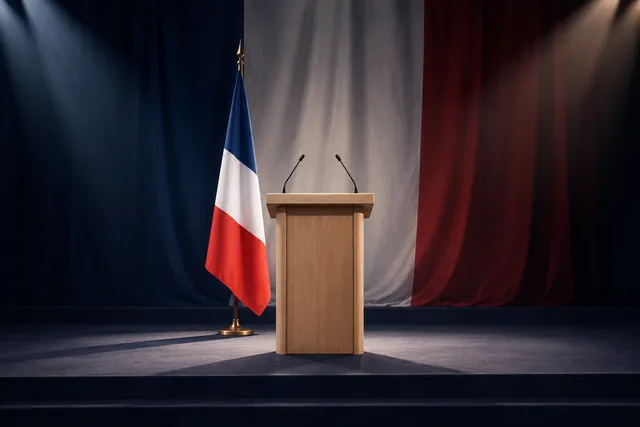 AI illustration based on reference photographs; not an event photograph. A professional editorial illustration of a political rally setting featuring a wooden podium with a draped fabric suggesting a French flag behind it, rendered in a serious, dramatic style.
