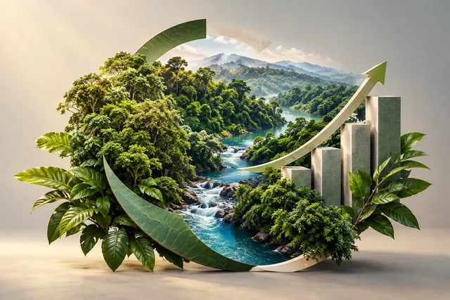 AI illustration based on reference photographs; not an event photograph. An editorial illustration symbolizing the complementary relationship between economic growth and environmental sustainability, featuring a vibrant rainforest integrated with subtle geometric economic structures.