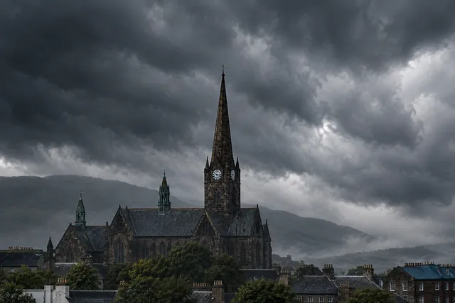 AI illustration based on reference photographs; not an event photograph. A large, dark stone church with a prominent, tall spire set against a cloudy, overcast sky, illustrating severe weather conditions.