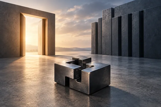 AI illustration based on reference photographs; not an event photograph. An editorial illustration showing abstract architectural forms and interlocking geometric components on a neutral surface, symbolizing political negotiation.