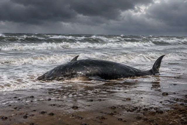 AI illustration based on reference photographs; not an event photograph. A large, dark juvenile northern bottlenose whale rests on a sandy beach following a storm.