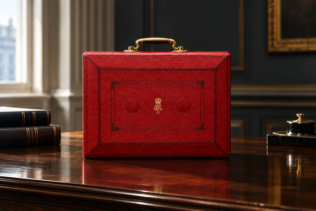 AI illustration based on reference photographs; not an event photograph. A structured red briefcase with gold hardware rests on a dark wooden surface in a minimalist, dimly lit setting.