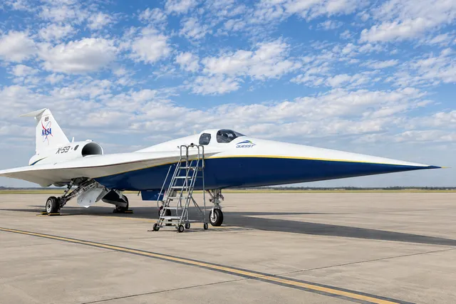 AI illustration based on reference photographs; not an event photograph. Editorial illustration of the X-59 quiet supersonic research aircraft on an airfield under a partly cloudy sky.