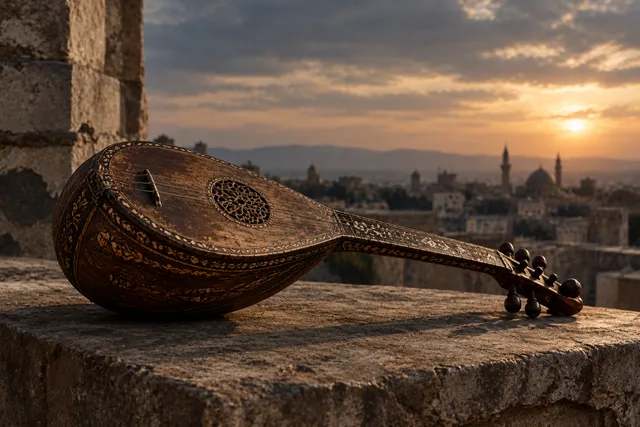 AI illustration based on reference photographs; not an event photograph. An editorial illustration featuring an antique, intricately carved wooden musical instrument resting on a weathered surface, symbolizing cultural heritage and personal journey.