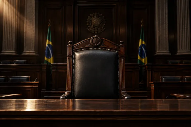 AI illustration based on reference photographs; not an event photograph. An empty, formal wooden chair in a legislative chamber, symbolizing political opposition.