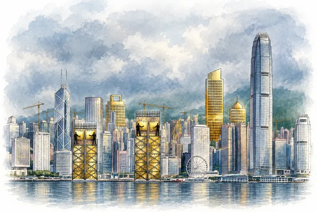 AI illustration based on reference photographs; not an event photograph. A stylized, watercolor-like illustration of a dense modern city skyline with numerous skyscrapers and construction cranes under a cloudy sky.