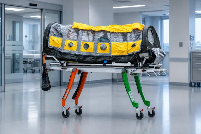 AI illustration based on reference photographs; not an event photograph. A specialized medical transport stretcher, dark grey and black with yellow and green accents, rests in a sterile hospital setting.