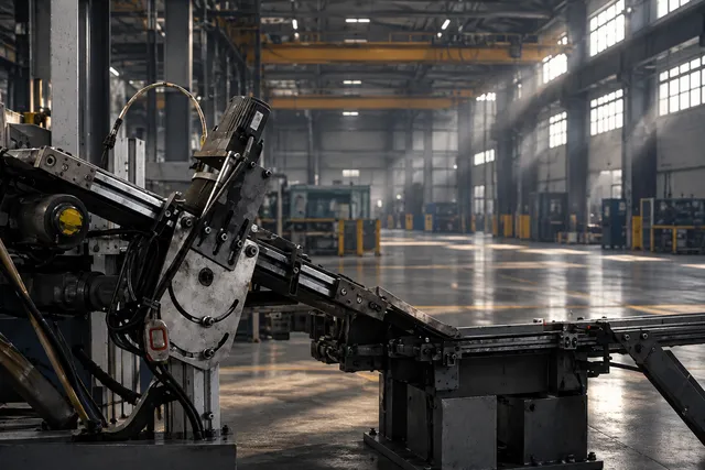 AI illustration based on reference photographs; not an event photograph. An industrial piece of machinery rests on an empty factory floor under dramatic lighting, symbolizing economic indicators.
