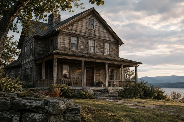 An aged, substantial wooden house with a prominent, weathered facade, suggesting a place of quiet wisdom and history.