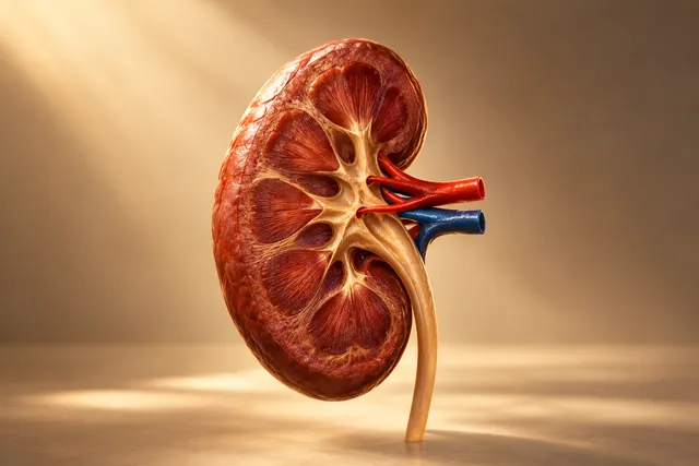 AI illustration based on reference photographs; not an event photograph. A stylized, detailed illustration of a single kidney, rendered with realistic texture, set against a minimalist background with focused, warm lighting.