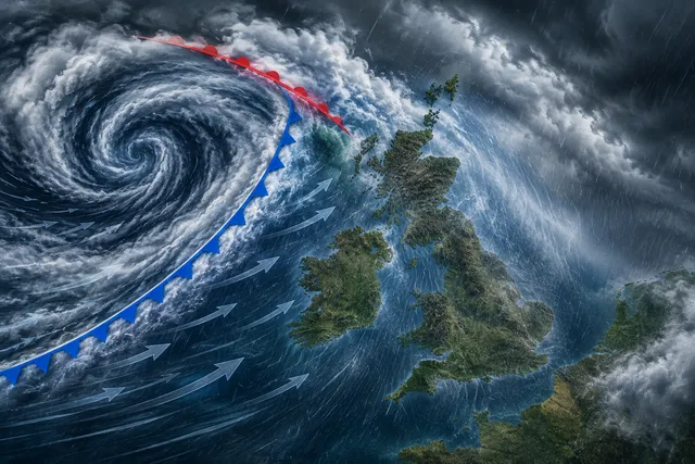 AI illustration based on reference photographs; not an event photograph. Editorial illustration depicting a low-pressure weather system approaching the United Kingdom with rain and strong winds.