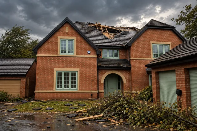 AI illustration based on reference photographs; not an event photograph. A two-story red brick residential building with a damaged roof following a storm.