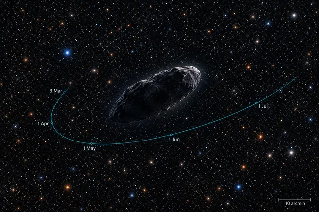 AI illustration based on reference photographs; not an event photograph. Conceptual illustration of a large, distant celestial body, ED138, within a dense star field, with a faint orbital path traced around it.