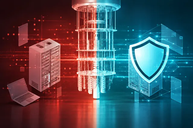 AI illustration based on reference photographs; not an event photograph. A conceptual editorial illustration showing a transition from older, vulnerable encryption standards on the left to new, secure cryptographic standards represented by a shield on the right.