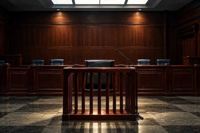 AI illustration based on reference photographs; not an event photograph. An empty, solemn courtroom setting with a dark wooden podium under dramatic, focused lighting.