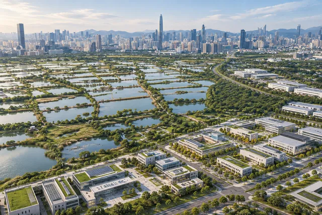 AI illustration based on reference photographs; not an event photograph. Editorial illustration showing a juxtaposition of structured modern development and expansive wetland areas near a border region.
