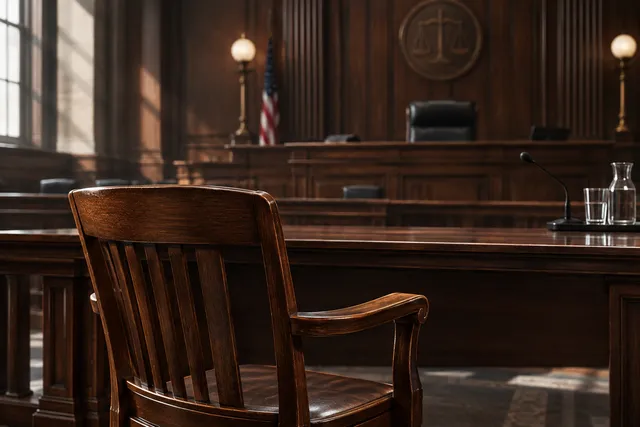 AI illustration based on reference photographs; not an event photograph. An empty, formal courtroom setting with a single, dark wooden chair as the focal point.