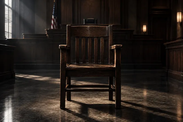 AI illustration based on reference photographs; not an event photograph. A single, imposing dark wooden chair stands alone in a vast, dimly lit, empty courtroom, emphasizing the weight of legal judgment.