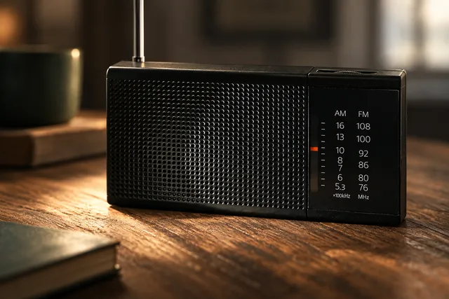 AI illustration based on reference photographs; not an event photograph. A black, rectangular, portable radio with a grille and digital display resting on a wooden surface.
