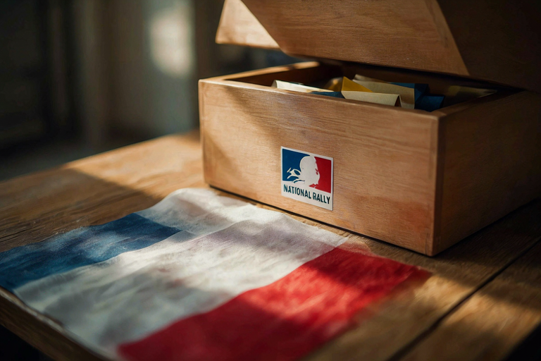 A wooden ballot box with folded ballots inside, sitting on a table with a blurred French flag in the background.