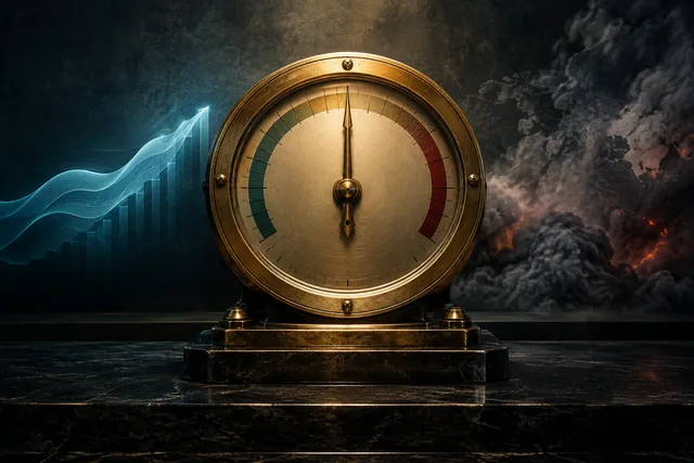 A detailed illustration of a heavy brass financial dial with a stable needle positioned within a marked range, set against a dark, textured background with abstract representations of economic forces.