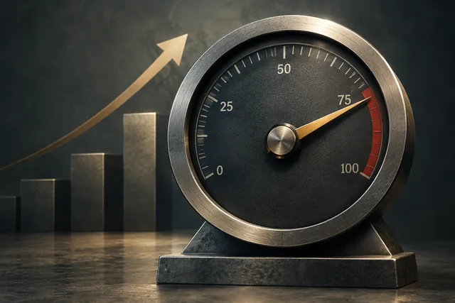 A conceptual illustration of a heavy, metallic gauge indicating a rising economic rate, set against a muted background.