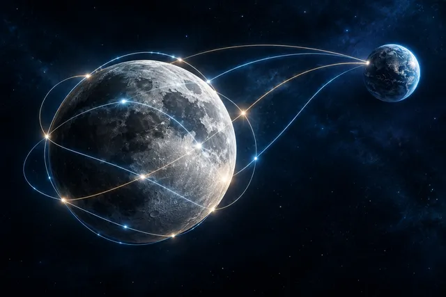 An abstract editorial illustration of interconnected pathways around a celestial body in deep space, symbolizing international agreements in space exploration.