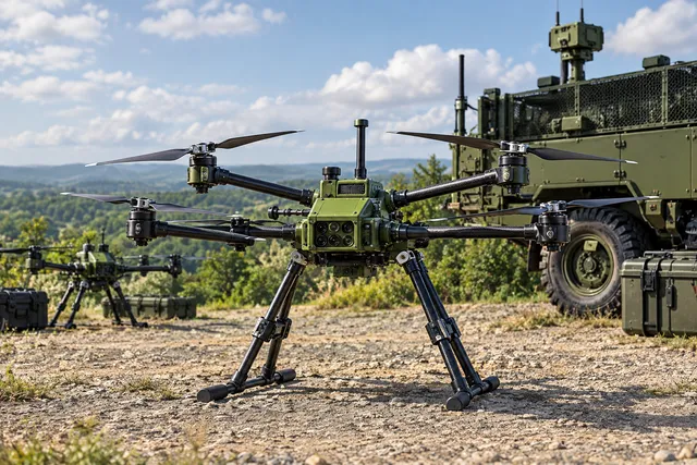 AI illustration based on reference photographs; not an event photograph. A detailed illustration of a multi-rotor drone set in a neutral outdoor environment.