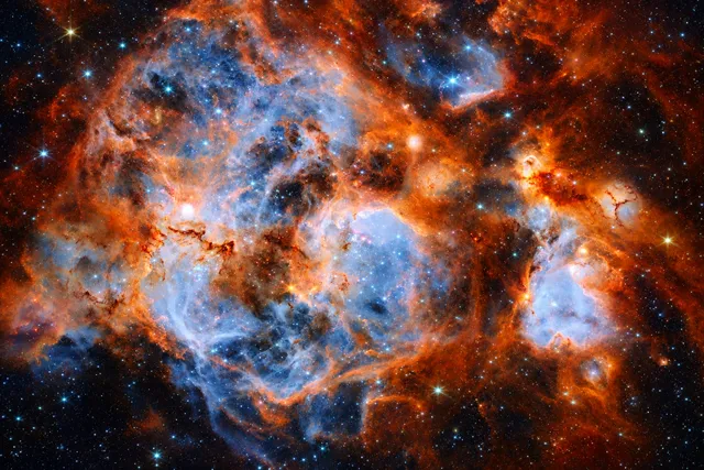 AI illustration based on reference photographs; not an event photograph. A vibrant nebula displaying turbulent gas clouds in shades of orange, red, and blue, interspersed with numerous stars, representing the star formation region N159.
