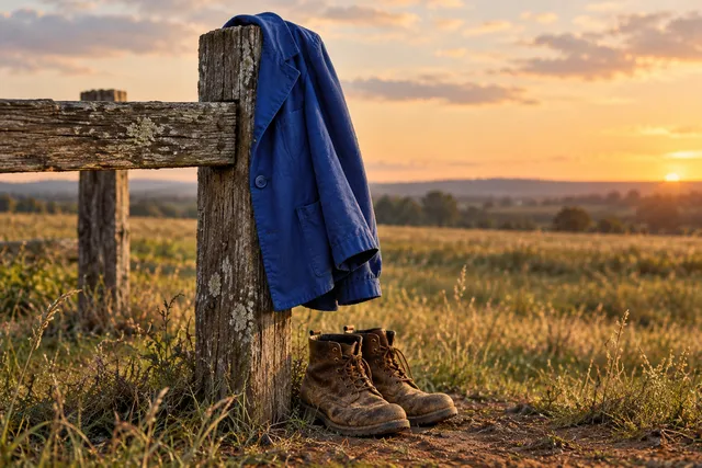 AI illustration based on reference photographs; not an event photograph. An empty wooden signpost with a dark blue jacket draped over it, set in a quiet, textured outdoor environment.