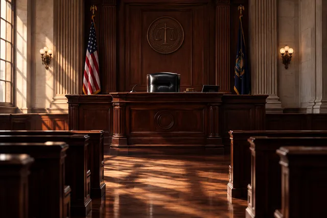 AI illustration based on reference photographs; not an event photograph. An empty, grand courtroom with a heavy, dark wooden judge's bench under dramatic lighting.