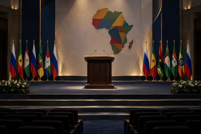 AI illustration based on reference photographs; not an event photograph. A large, empty dark wooden podium set upon a stage within a grand, formal conference hall, illuminated by dramatic, focused lighting.