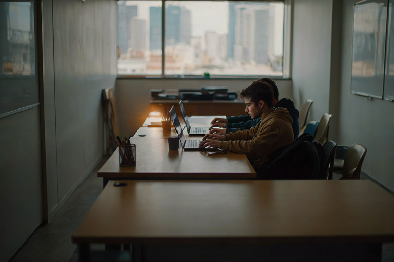 A student working on a laptop at a modern desk in a bright classroom, with a blurred city skyline visible through a window.
