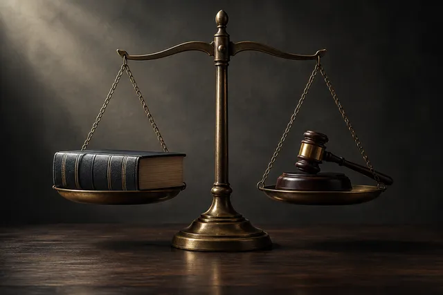 A conceptual illustration of the scales of justice balanced with a gavel, set in a neutral, dimly lit space to represent legal deliberation.