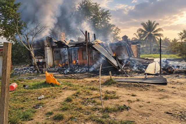 AI illustration based on reference photographs; not an event photograph. An editorial illustration of a heavily damaged, multi-story wooden building engulfed in smoke amidst dry grass and dirt.