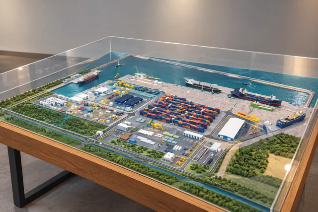 AI illustration based on reference photographs; not an event photograph. A conceptual model of a modern deepwater port infrastructure with detailed docks and cargo handling equipment.