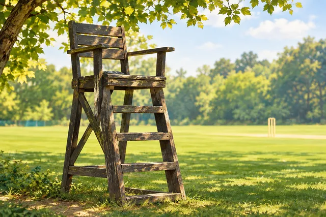 AI illustration based on reference photographs; not an event photograph. An empty, weathered wooden umpire's chair situated on a green cricket field under dappled sunlight.
