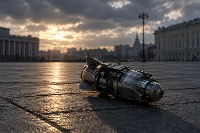 AI illustration based on reference photographs; not an event photograph. A metallic, irregularly shaped object rests on a paved square in an empty, architecturally suggested city setting under dramatic lighting.