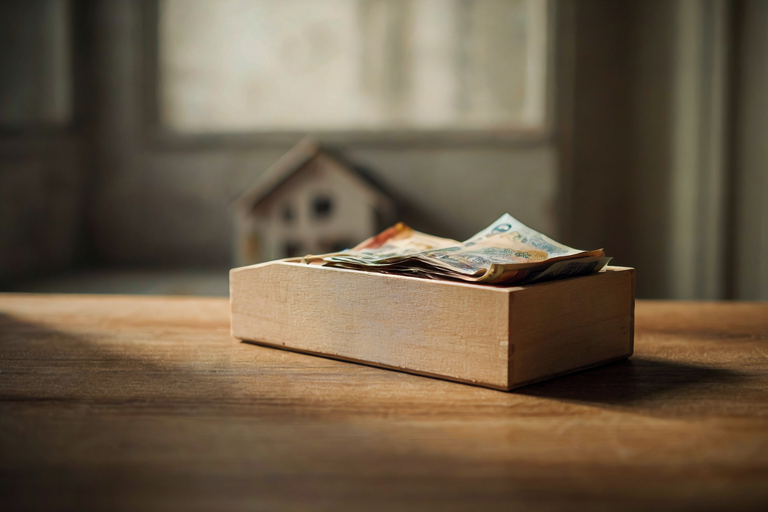 A plain wooden savings box with folded notes inside, set on a wooden table with a blurred house in the background.