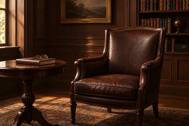 AI illustration based on reference photographs; not an event photograph. An empty, richly paneled study with a single dark wooden armchair and reading glasses on a side table, illuminated by warm, subdued light.