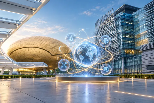 AI illustration based on reference photographs; not an event photograph. Abstract illustration of interconnected scientific structures within a modern, minimalist architectural setting.