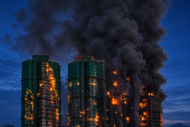 AI illustration based on reference photographs; not an event photograph. Tall modern buildings with thick dark smoke billowing from their upper sections against a dark blue twilight sky.