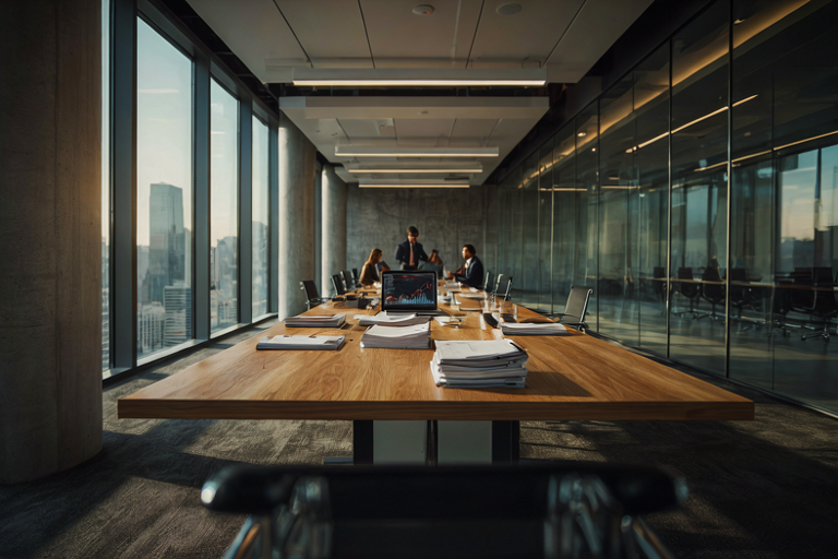 A modern office with a central wooden table and laptop showing financial data.